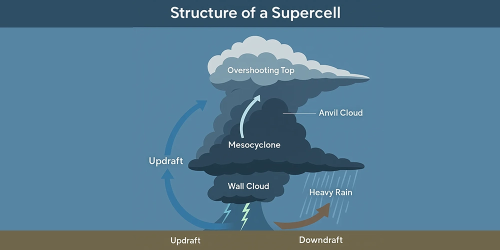 Diagram showing the structure of a supercell thunderstorm