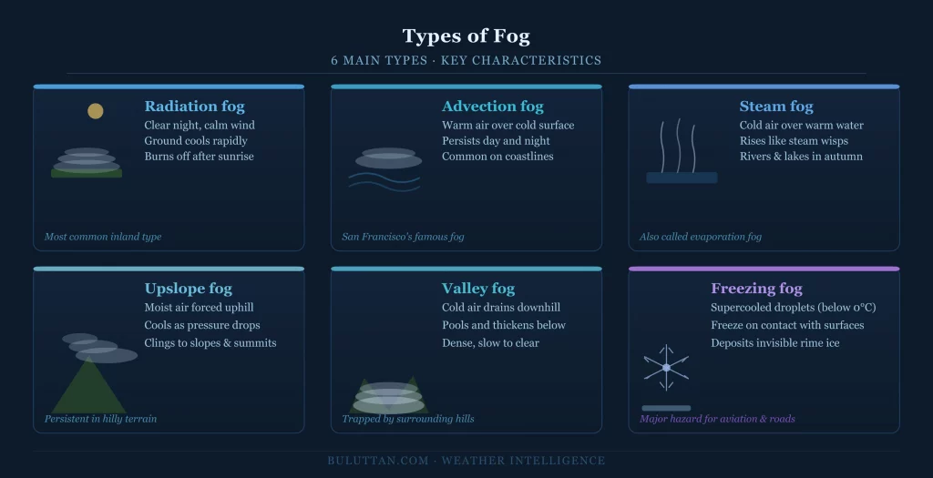 Infographic comparing six types of fog: radiation fog, advection fog, steam fog, upslope fog, valley fog, and freezing fog, with key characteristics for each.